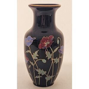 VASE-Japan-Small-Black Ceramic-Flowers-Gold Trimmed-6" Tall-Bud Vase